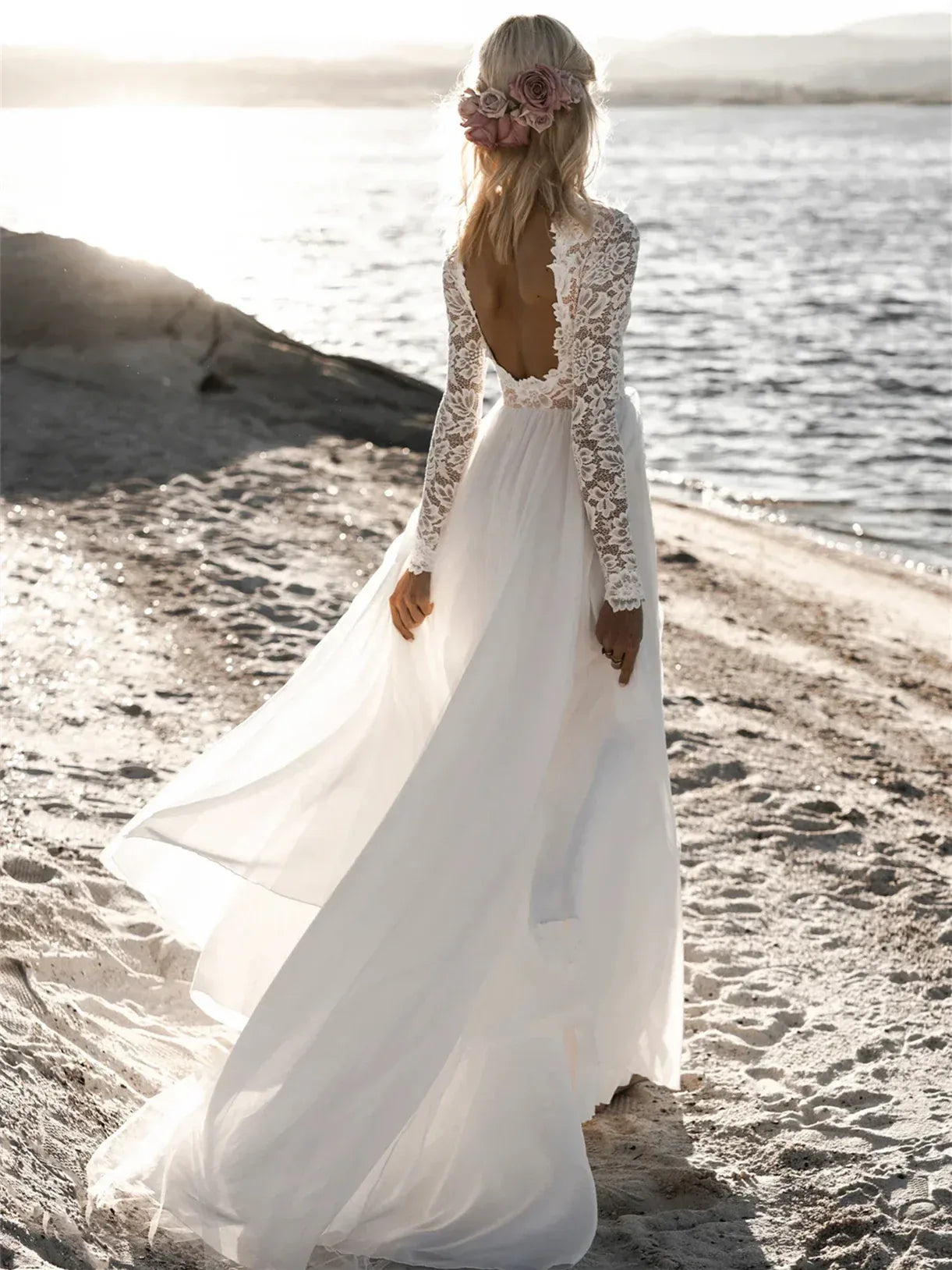 Long Sleeve Floral Lace High Neck Open Back Soft Tulle A-Line Beach Wedding Dress