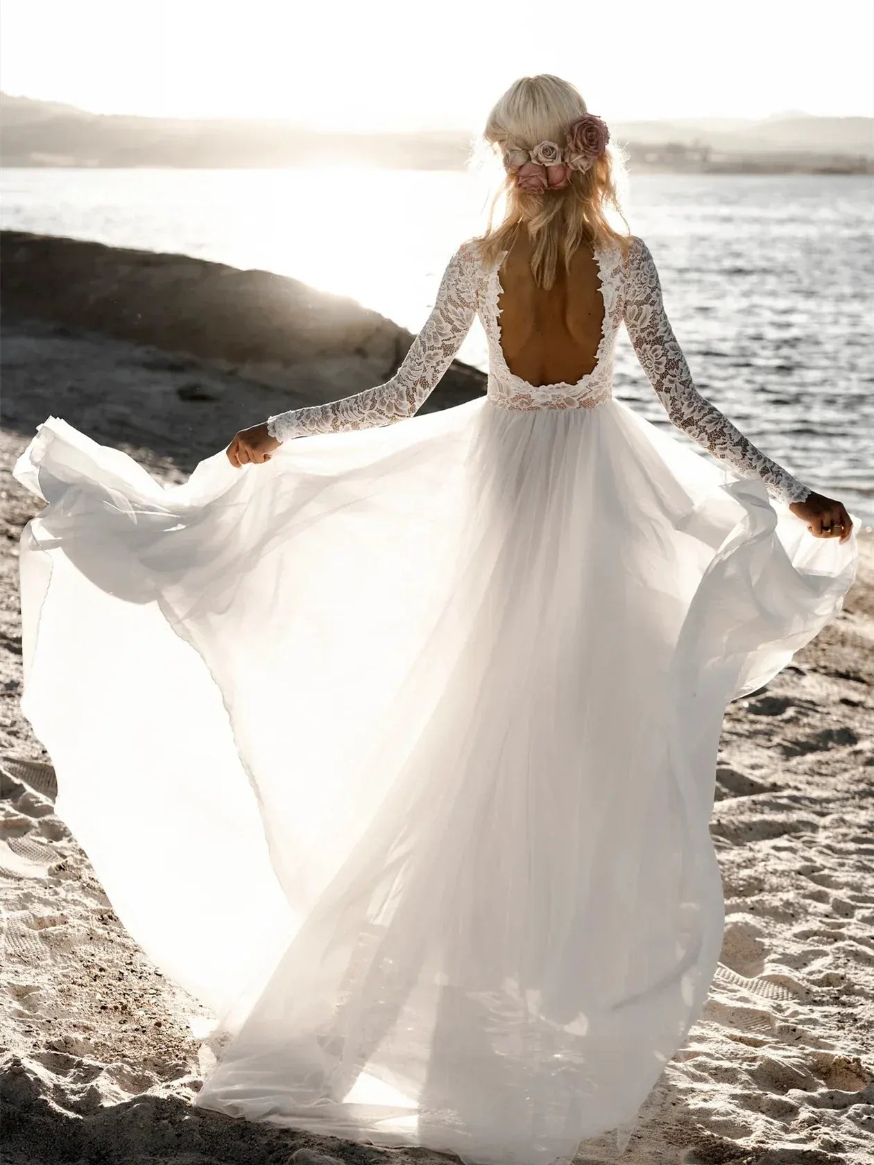Long Sleeve Floral Lace High Neck Open Back Soft Tulle A-Line Beach Wedding Dress