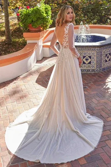 Long‑Sleeve Floral‑Lace Tulle A‑Line Wedding Dress With Plunging‑V‑Illusion‑Back Detail