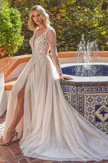Long‑Sleeve Floral‑Lace Tulle A‑Line Wedding Dress With Plunging‑V‑Illusion‑Back Detail