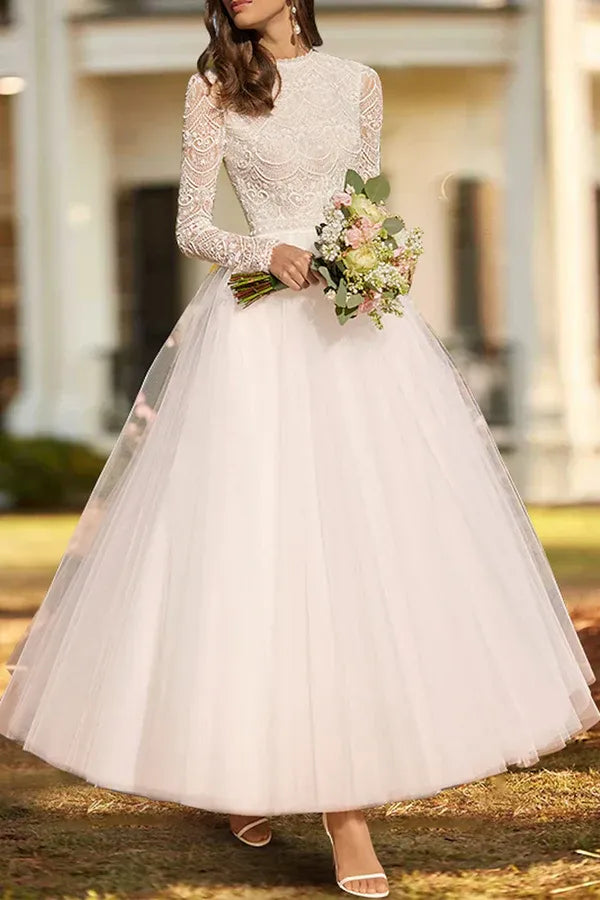 Long‑Sleeve High‑Neck Lace Tea‑Length Tulle A‑Line Wedding Dress