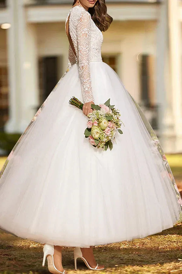 Long‑Sleeve High‑Neck Lace Tea‑Length Tulle A‑Line Wedding Dress