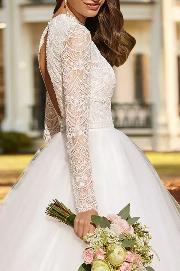Long‑Sleeve High‑Neck Lace Tea‑Length Tulle A‑Line Wedding Dress