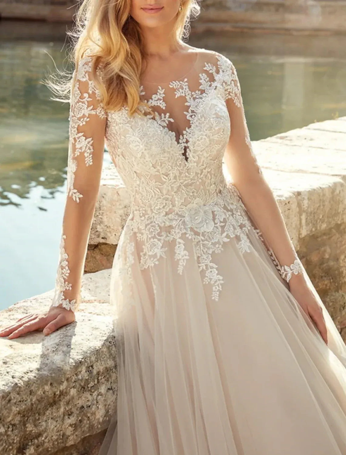 Long‑Sleeve Illusion‑Neck Lace Tulle A‑Line Wedding Dress With Pearl‑Back Detail