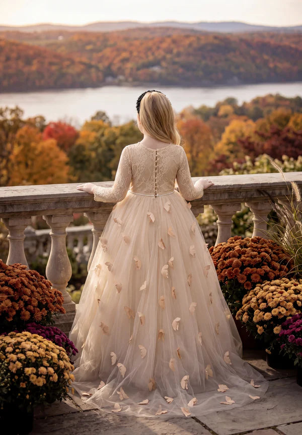 Long Sleeve Lace Champagne Tulle Full Length Butterfly Train Girls Formal Dresses