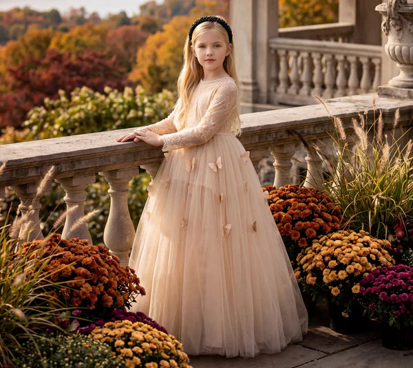 Long Sleeve Lace Champagne Tulle Full Length Butterfly Train Girls Formal Dresses