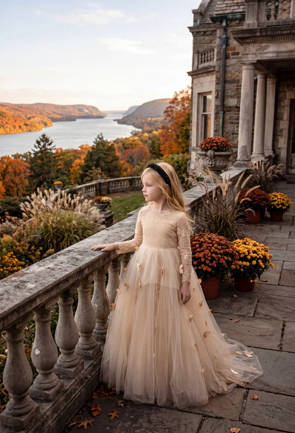 Long Sleeve Lace Champagne Tulle Full Length Butterfly Train Girls Formal Dresses