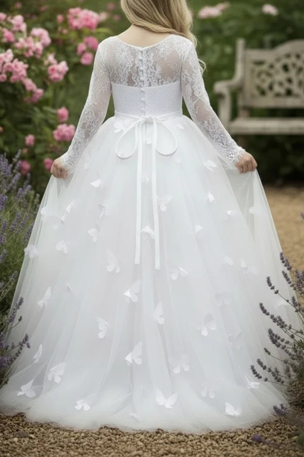 Long Sleeve Lace White Tulle Full Length Flower Girl Dresses with 3D Butterfly Appliqués