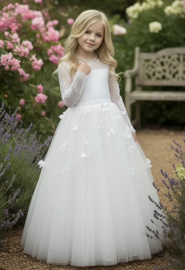 Long Sleeve Lace White Tulle Full Length Flower Girl Dresses with 3D Butterfly Appliqués