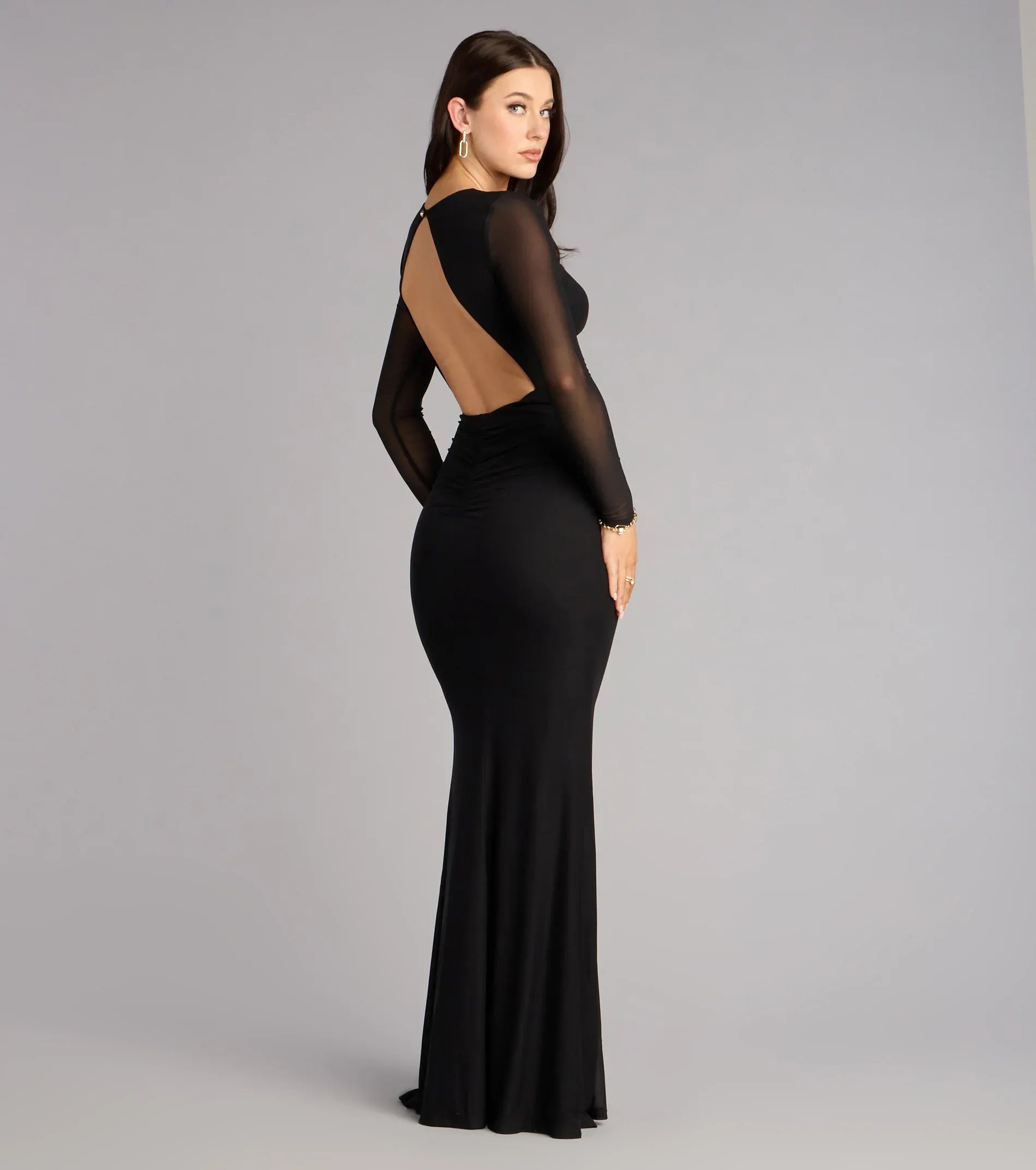 Long Sleeve Mesh Cutout Open Back Mermaid Maxi Wedding Guest Dress