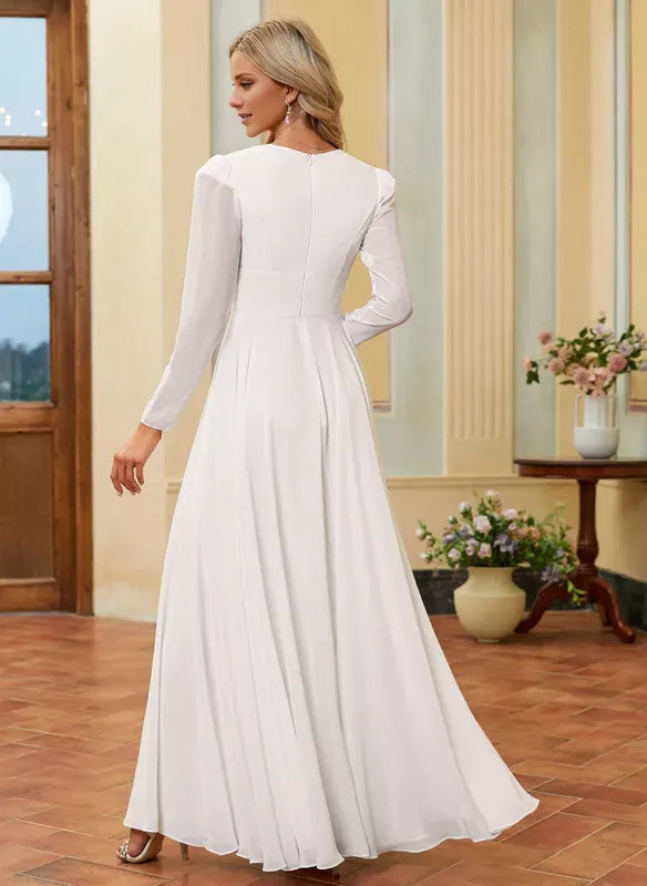 Long‑Sleeve Puffed‑Shoulder Chiffon A‑Line Wedding Dress With V‑Neck Detail
