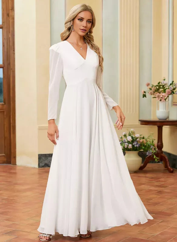 Long‑Sleeve Puffed‑Shoulder Chiffon A‑Line Wedding Dress With V‑Neck Detail
