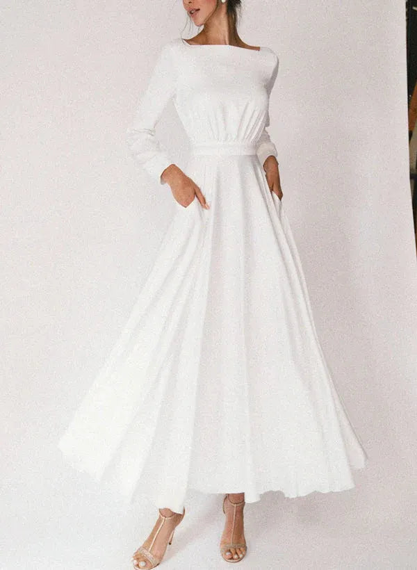 Long Sleeve Square Front Deep V Back Side Pocket Soft Crepe Midi A-Line Wedding Dress