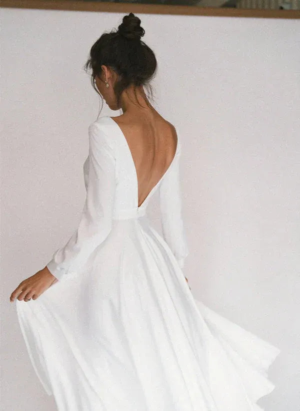 Long Sleeve Square Front Deep V Back Side Pocket Soft Crepe Midi A-Line Wedding Dress