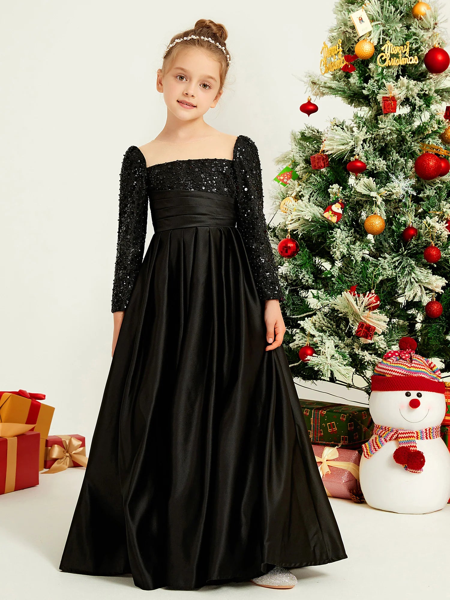 Long Sleeve Square Neck Sequin Black Satin Floor Length Flower Girl Dresses