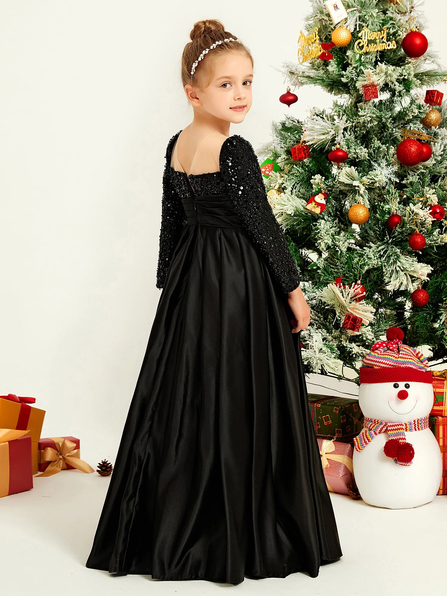 Long Sleeve Square Neck Sequin Black Satin Floor Length Flower Girl Dresses