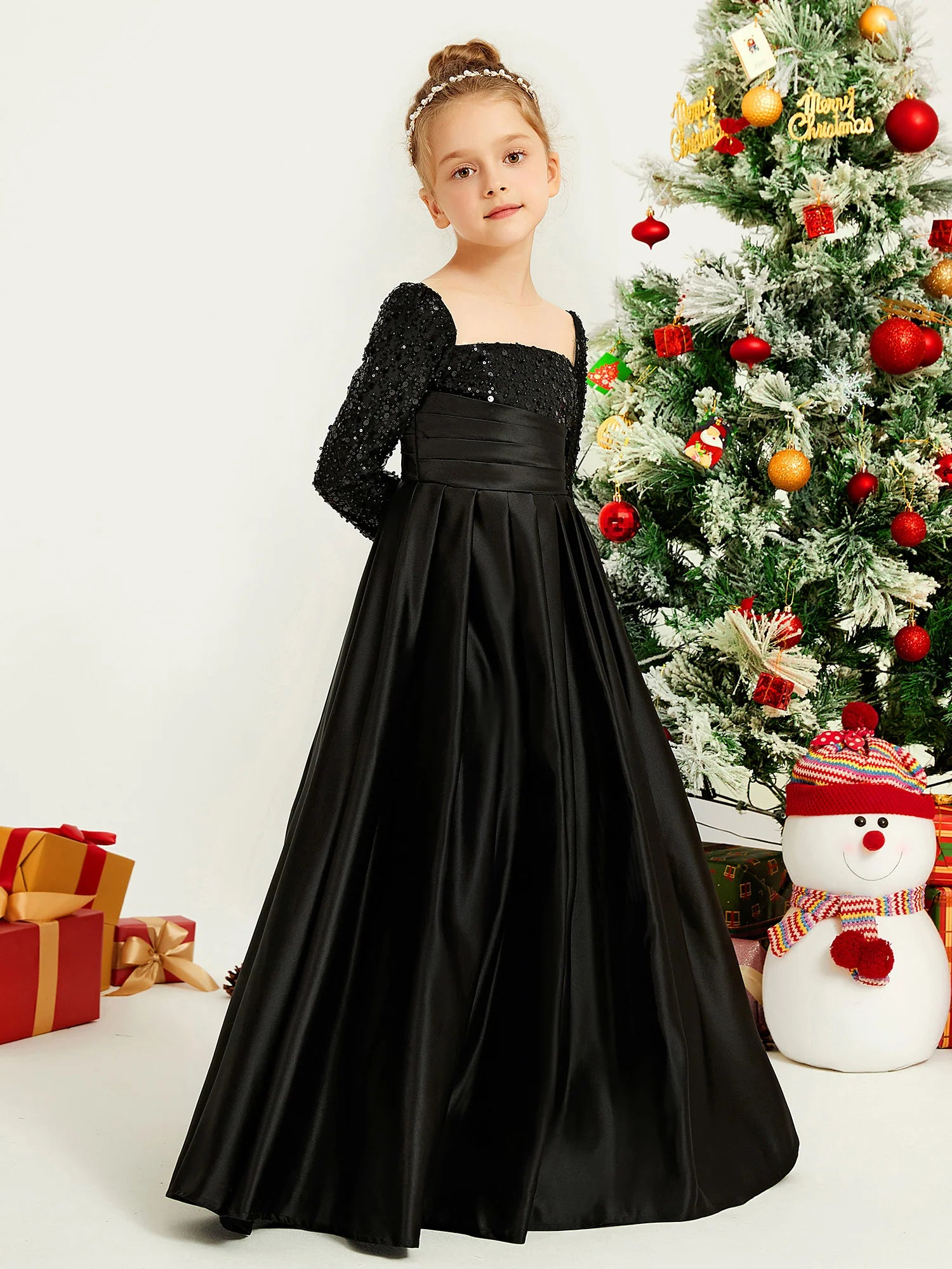Long Sleeve Square Neck Sequin Black Satin Floor Length Flower Girl Dresses