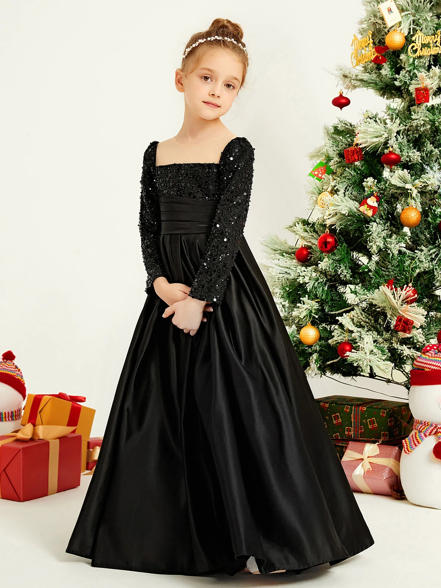 Long Sleeve Square Neck Sequin Black Satin Floor Length Flower Girl Dresses