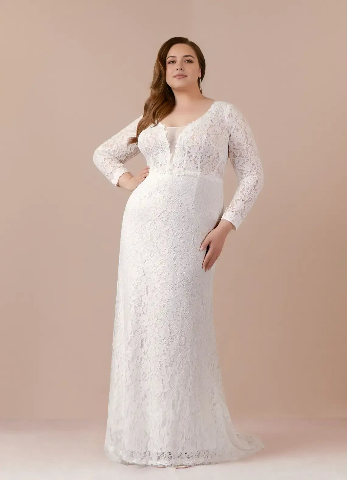 Long Sleeve V Neck Full Lace Plus Size Mermaid Wedding Dress With Button Back Sweep Train