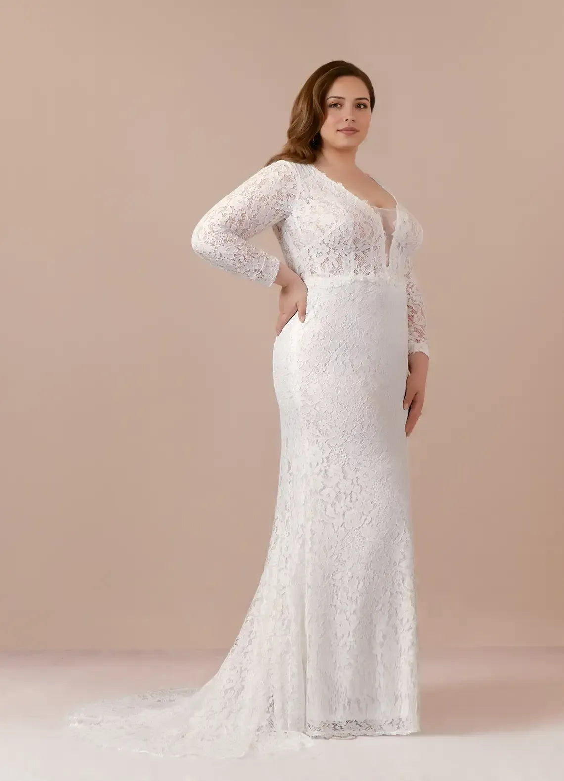 Long Sleeve V Neck Full Lace Plus Size Mermaid Wedding Dress With Button Back Sweep Train