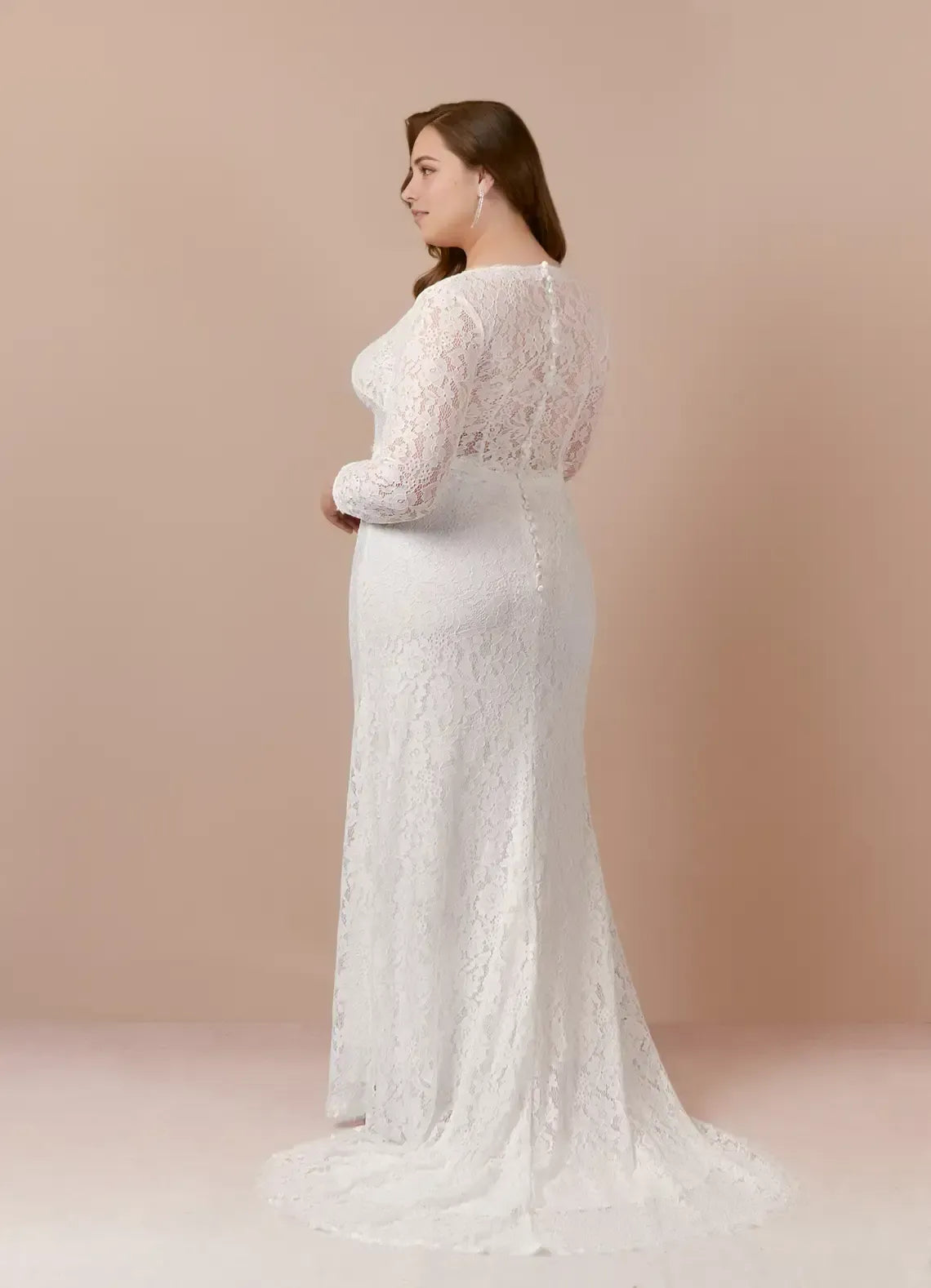 Long Sleeve V Neck Full Lace Plus Size Mermaid Wedding Dress With Button Back Sweep Train