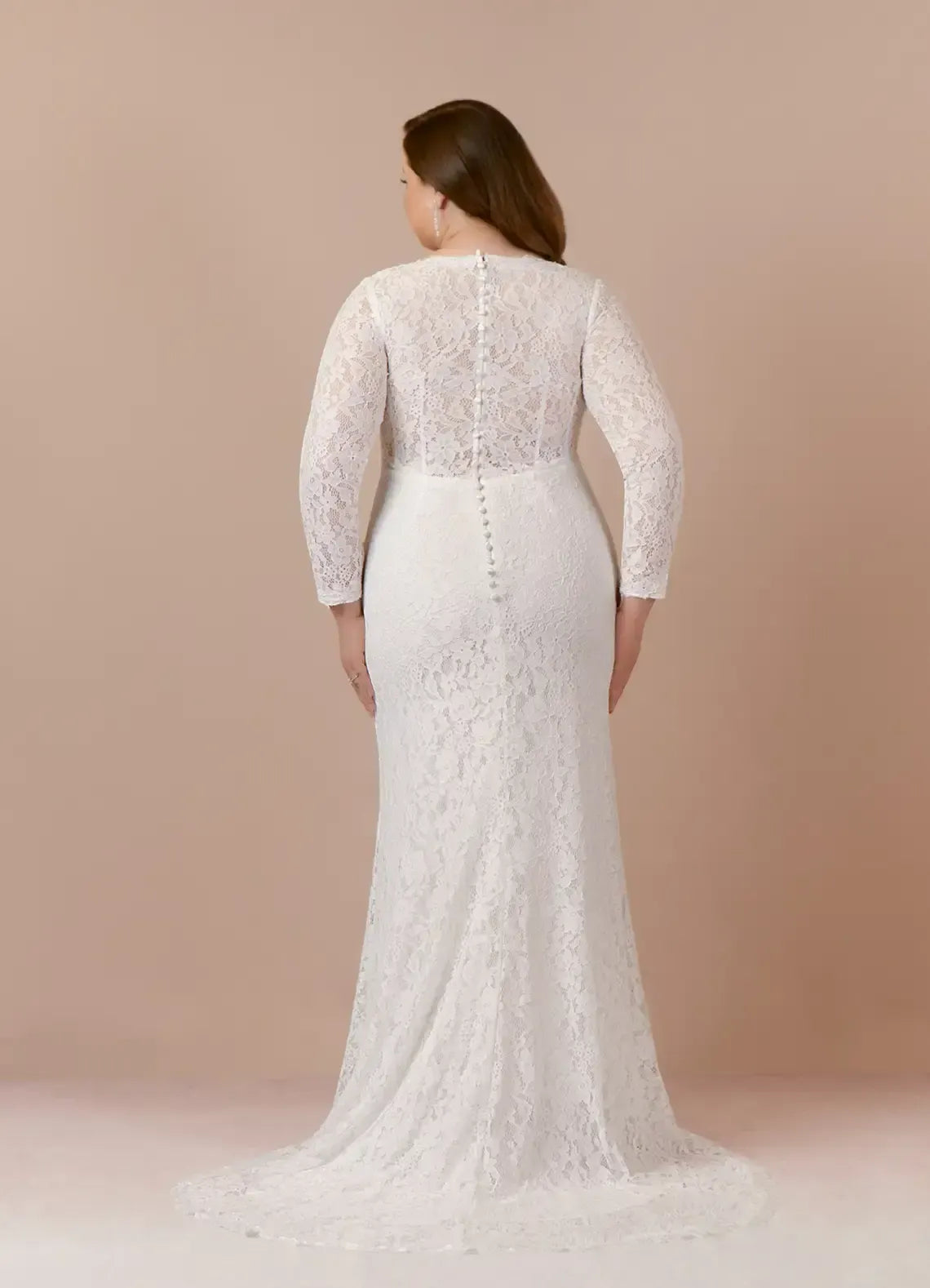 Long Sleeve V Neck Full Lace Plus Size Mermaid Wedding Dress With Button Back Sweep Train