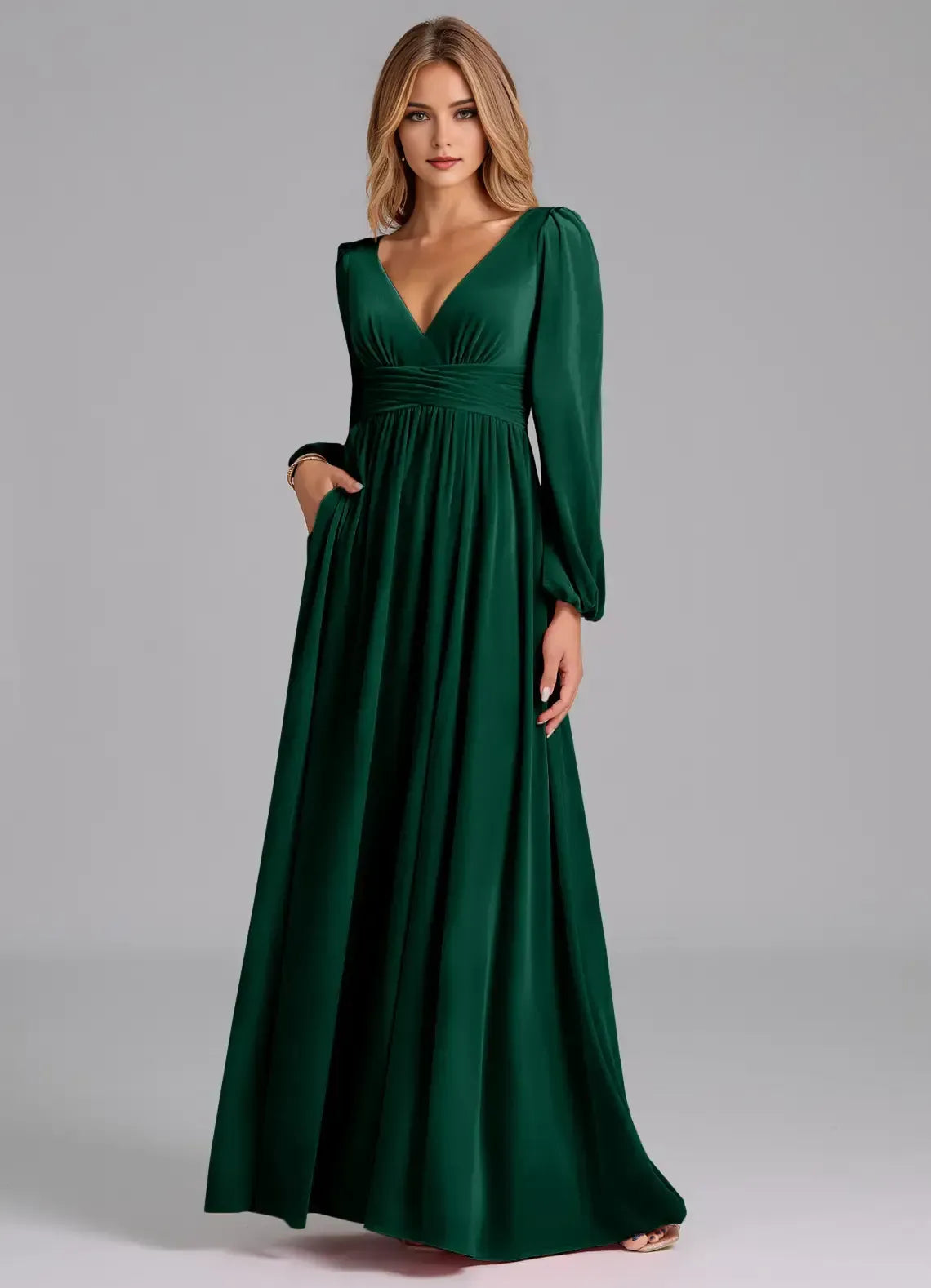 Long Sleeve V Neck Tie Back Empire Waist Pocket A Line Chiffon Bridesmaid Dress