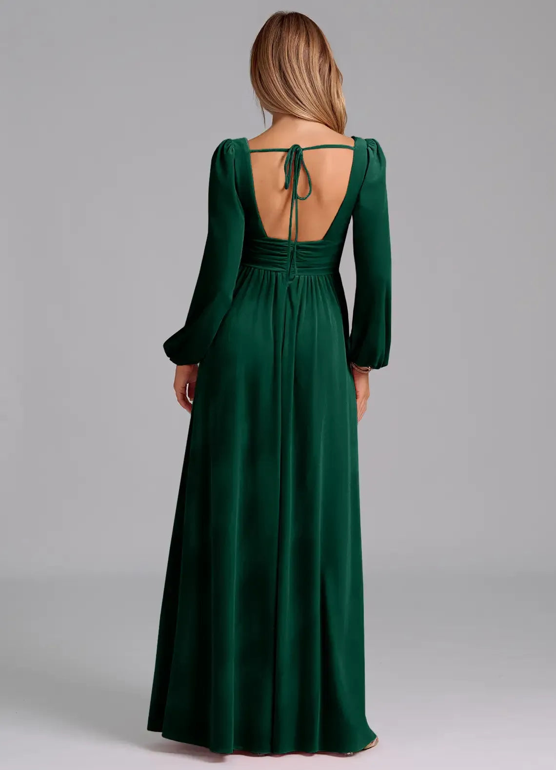 Long Sleeve V Neck Tie Back Empire Waist Pocket A Line Chiffon Bridesmaid Dress