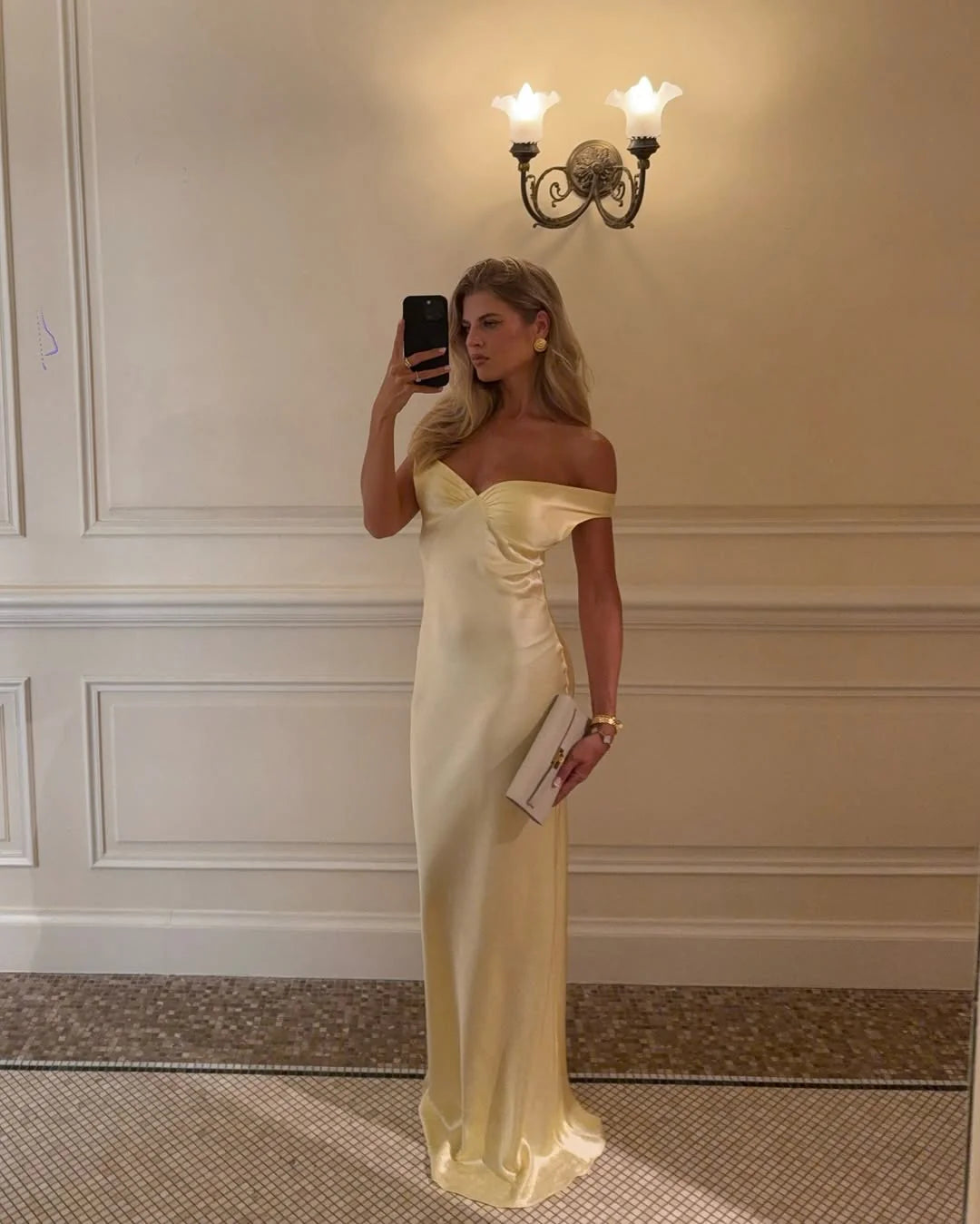 Luminous Floor-Length Off-The-Shoulder Satin Mermaid Wedding Guest Dress