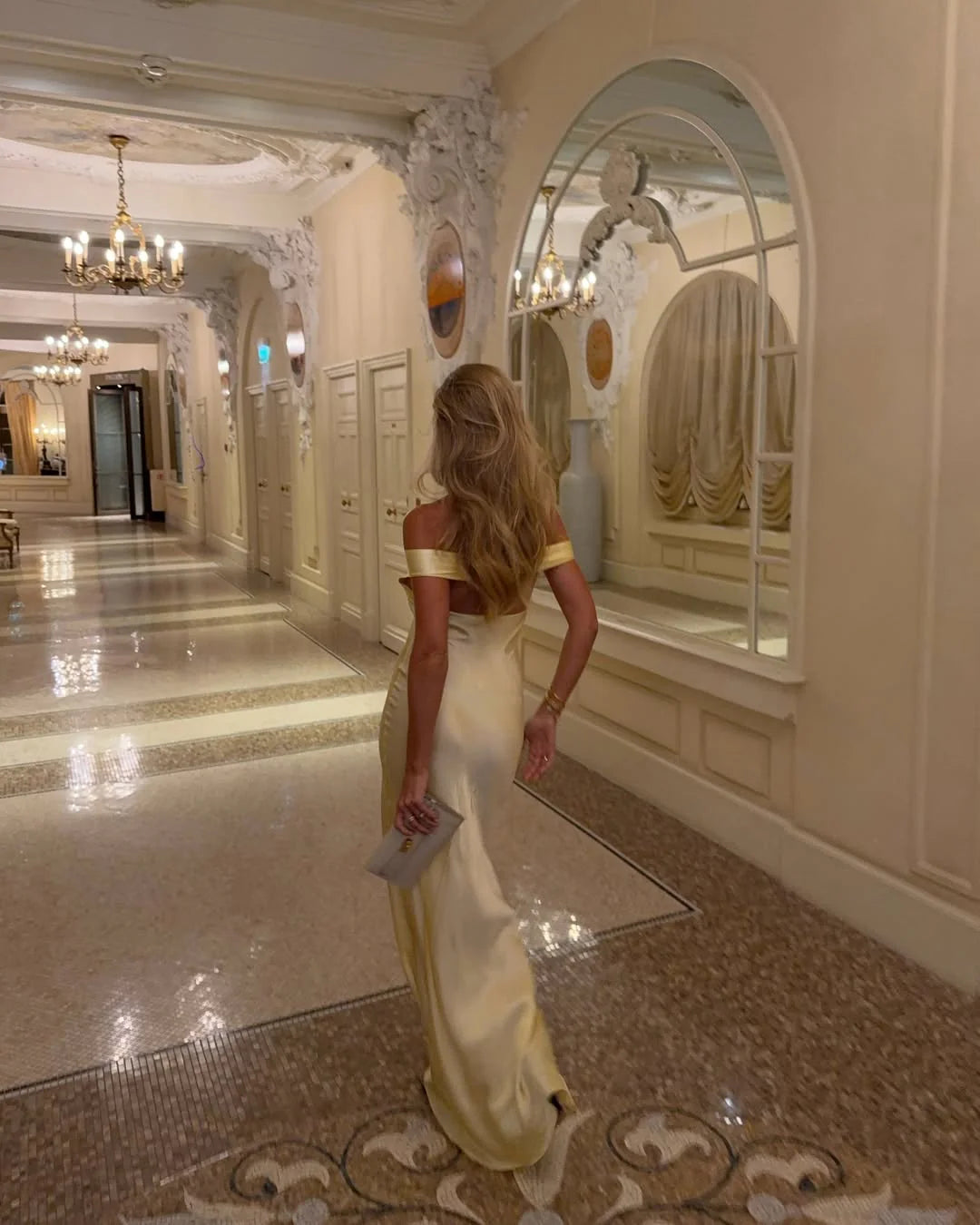 Luminous Floor-Length Off-The-Shoulder Satin Mermaid Wedding Guest Dress