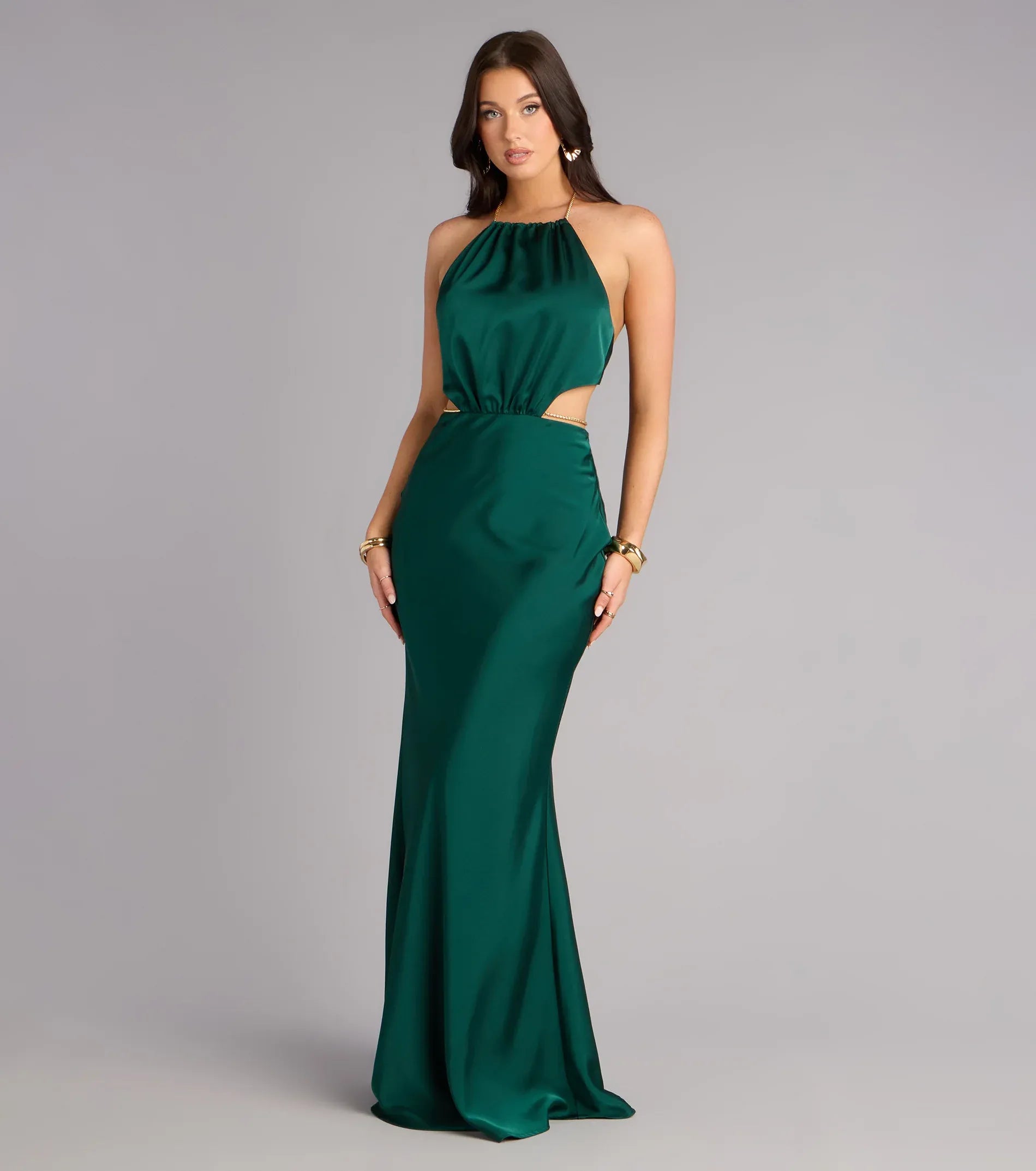 Lustrous Mermaid Halter Sleeveless Tie-Back Cutout Slit Maxi Wedding Guest Dress