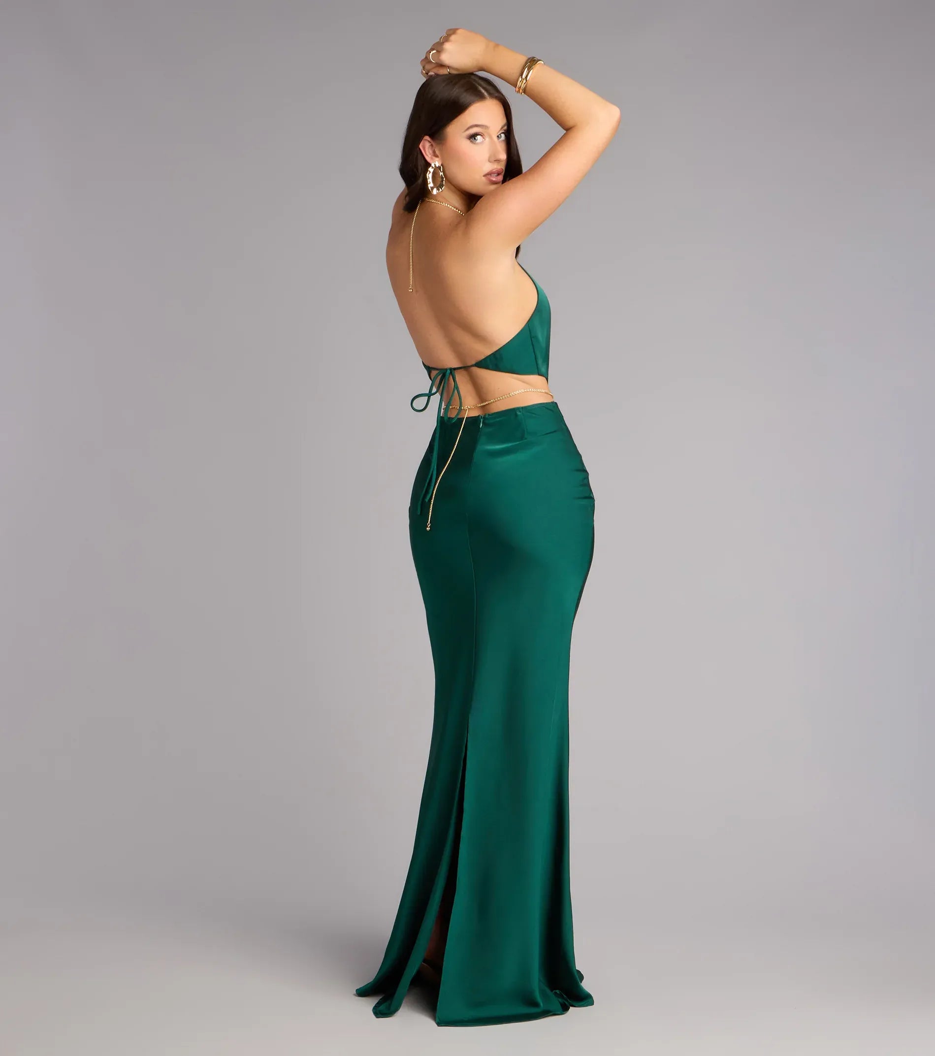 Lustrous Mermaid Halter Sleeveless Tie-Back Cutout Slit Maxi Wedding Guest Dress
