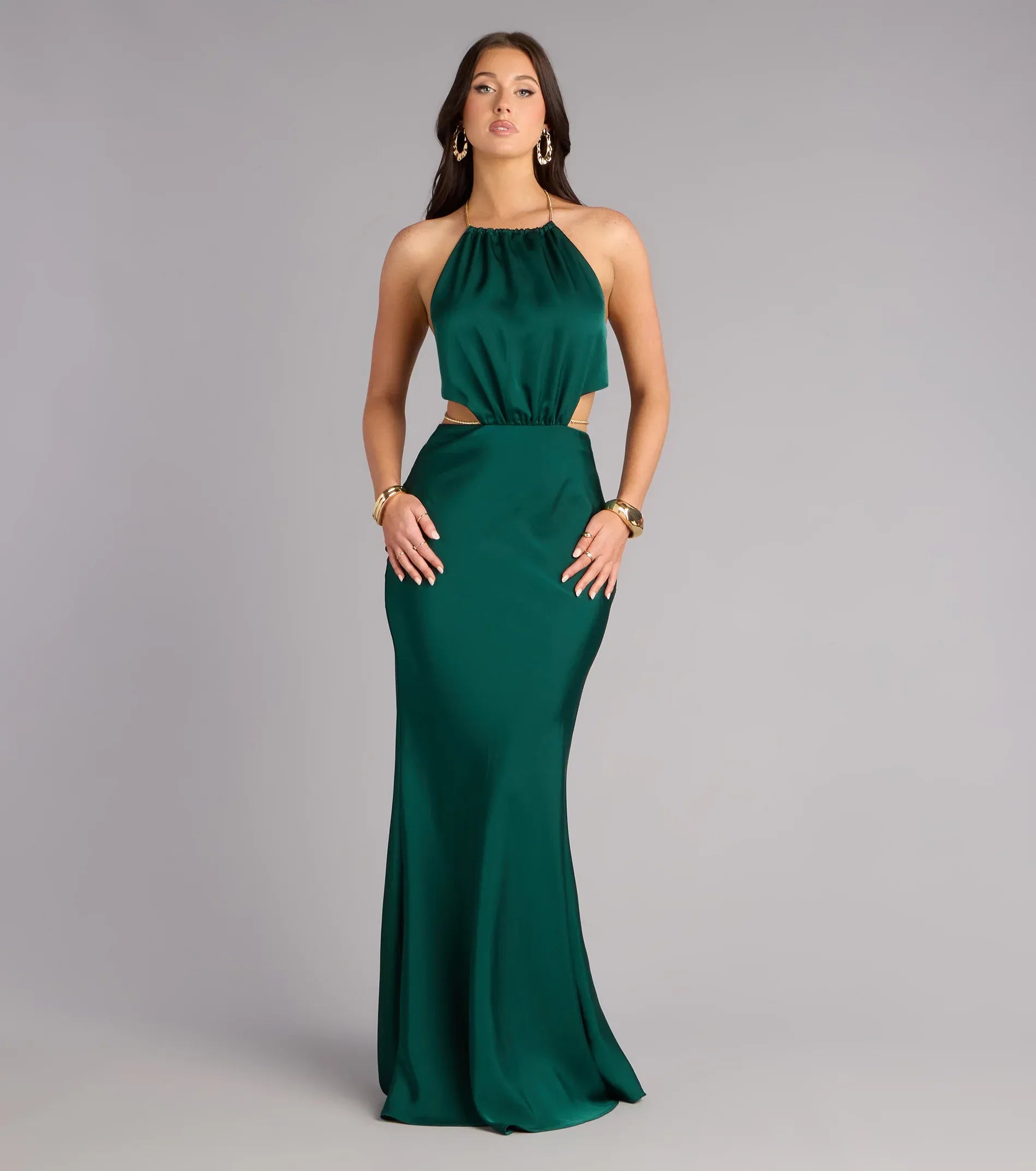 Lustrous Mermaid Halter Sleeveless Tie-Back Cutout Slit Maxi Wedding Guest Dress