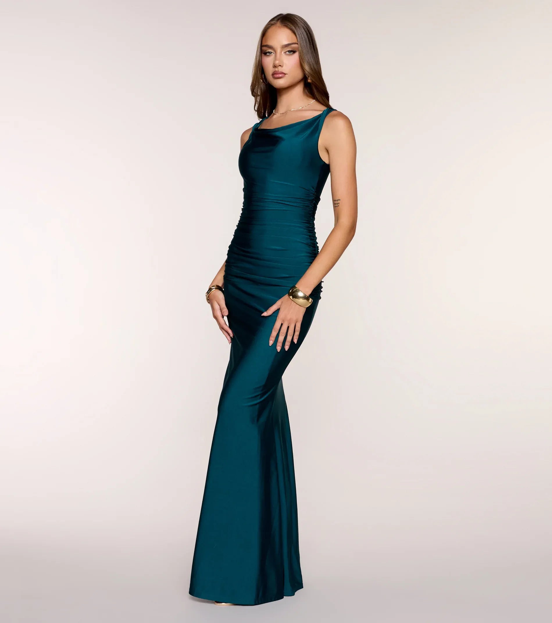 Luxurious Mermaid Cowl Sleeveless Zip-Back Maxi Wedding Guest Dress