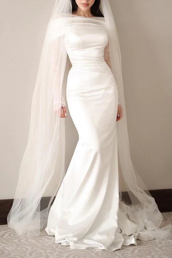 Luxurious Mermaid Off-Shoulder Long-Lace-Sleeve Low-Back Floor-Length Wedding Dresses For Formal Wedding