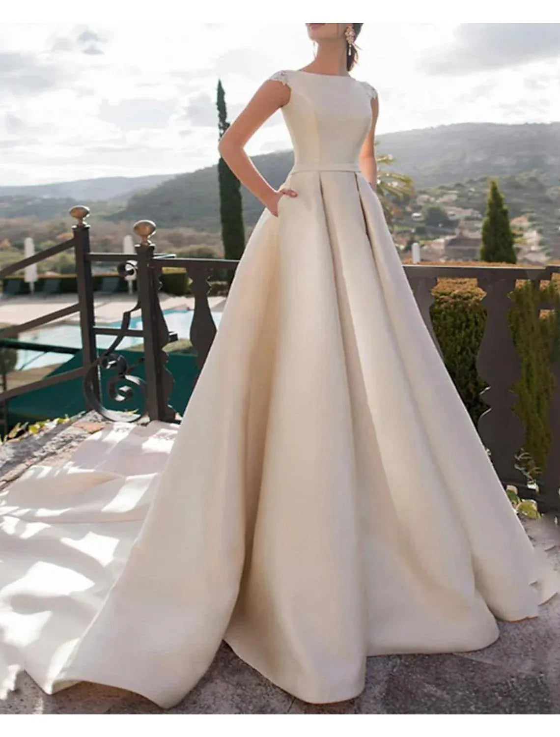 Luxury Ballgown Bateau Cap Sleeve Illusion Pearl Back Train Wedding Dress
