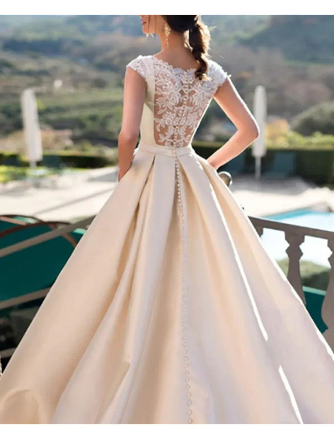 Luxury Ballgown Bateau Cap Sleeve Illusion Pearl Back Train Wedding Dress