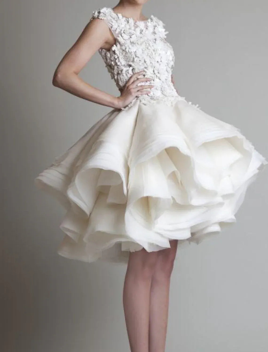 Luxury A-line Round Cap Sleeves Sheer-Back Mini Wedding Dress