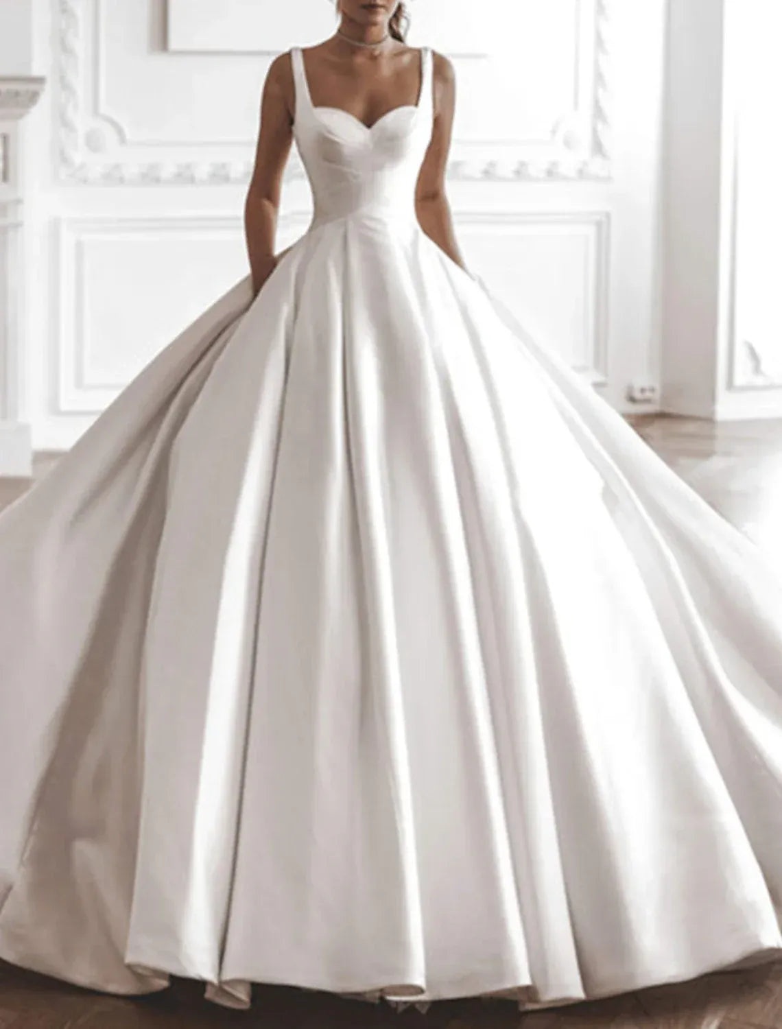 Luxury Ballgown Sweetheart Wide Strap Low Back Pocket Train Wedding Dress