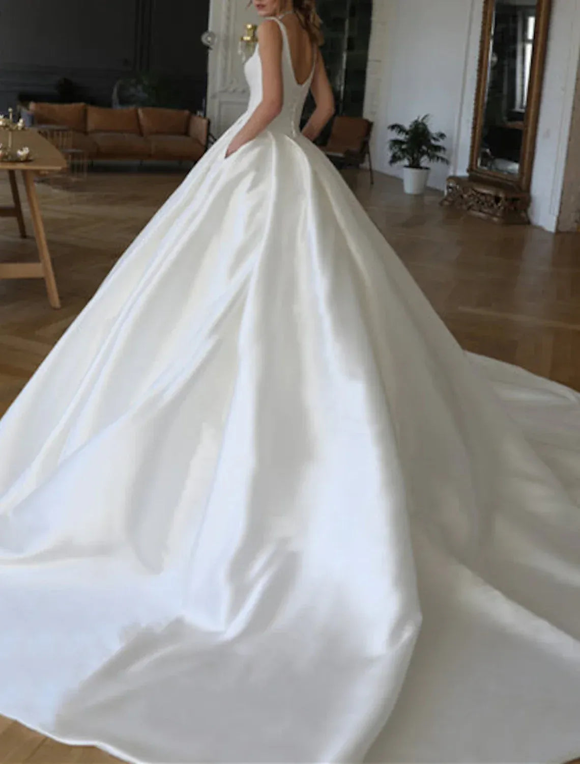 Luxury Ballgown Sweetheart Wide Strap Low Back Pocket Train Wedding Dress