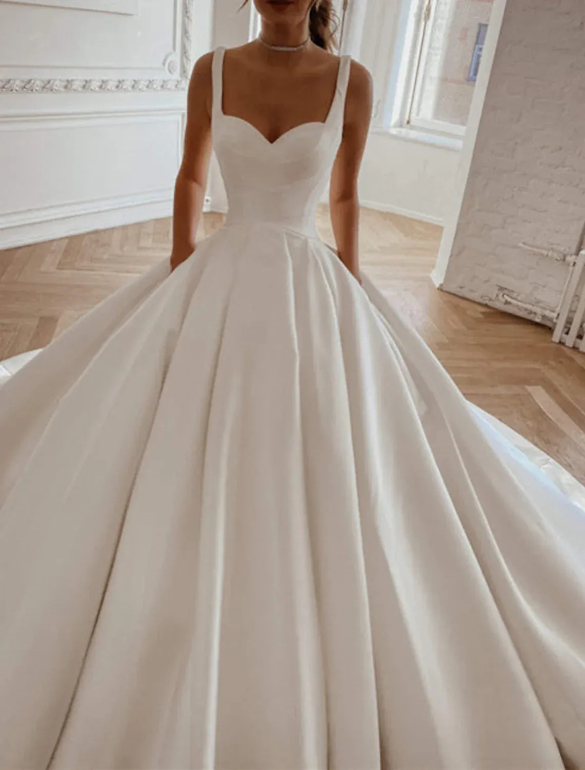 Luxury Ballgown Sweetheart Wide Strap Low Back Pocket Train Wedding Dress