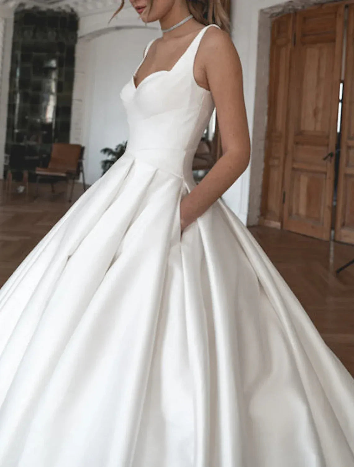 Luxury Ballgown Sweetheart Wide Strap Low Back Pocket Train Wedding Dress