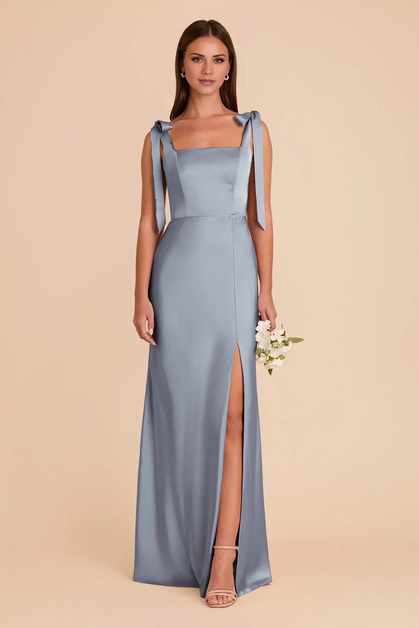 Luxury Column Square Neck Bow Strap Scoop Back Maxi Wedding Bridesmaid Dress