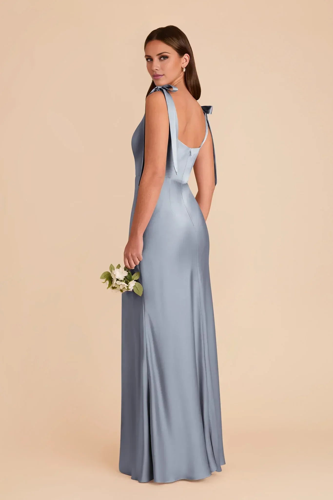 Luxury Column Square Neck Bow Strap Scoop Back Maxi Wedding Bridesmaid Dress