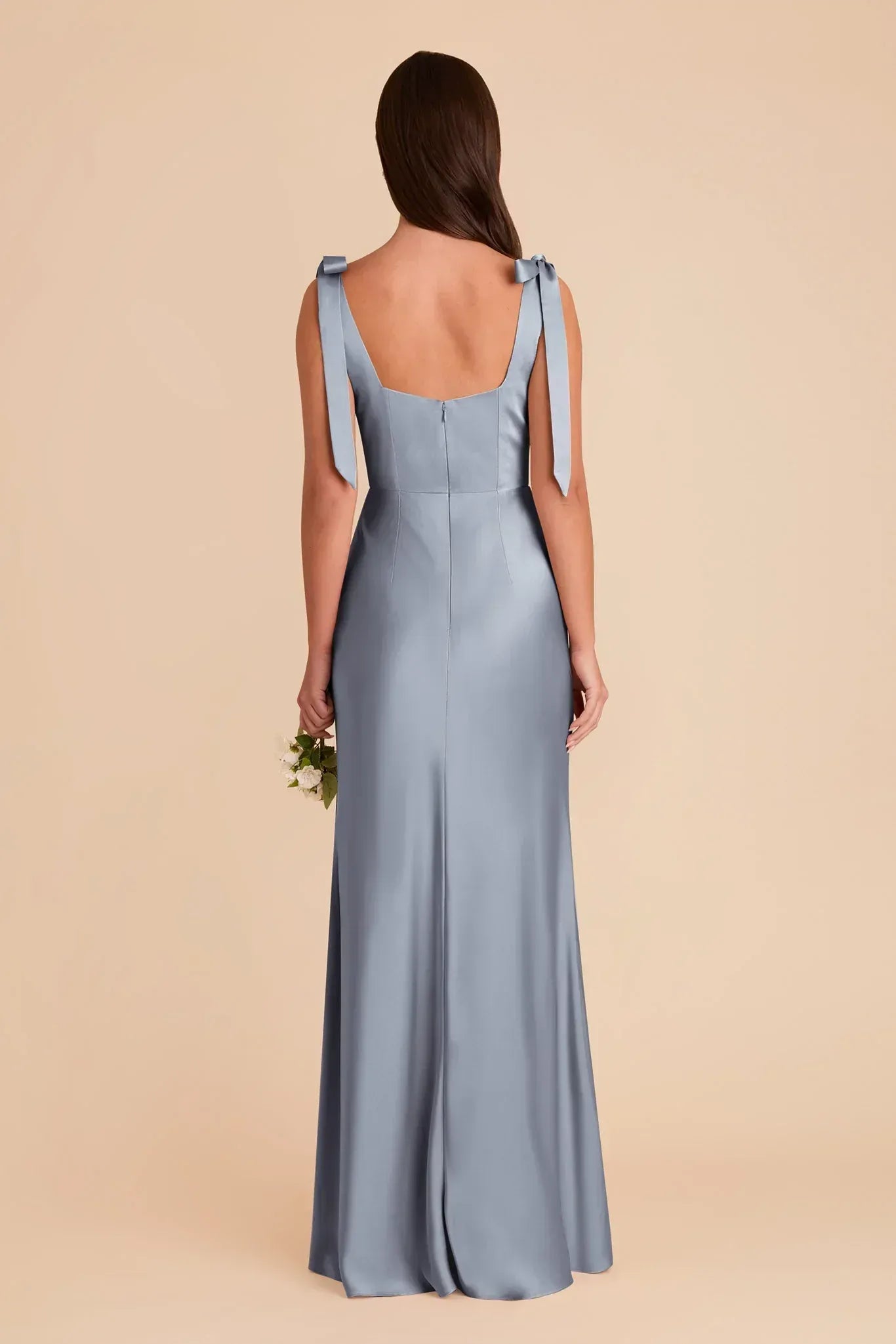 Luxury Column Square Neck Bow Strap Scoop Back Maxi Wedding Bridesmaid Dress