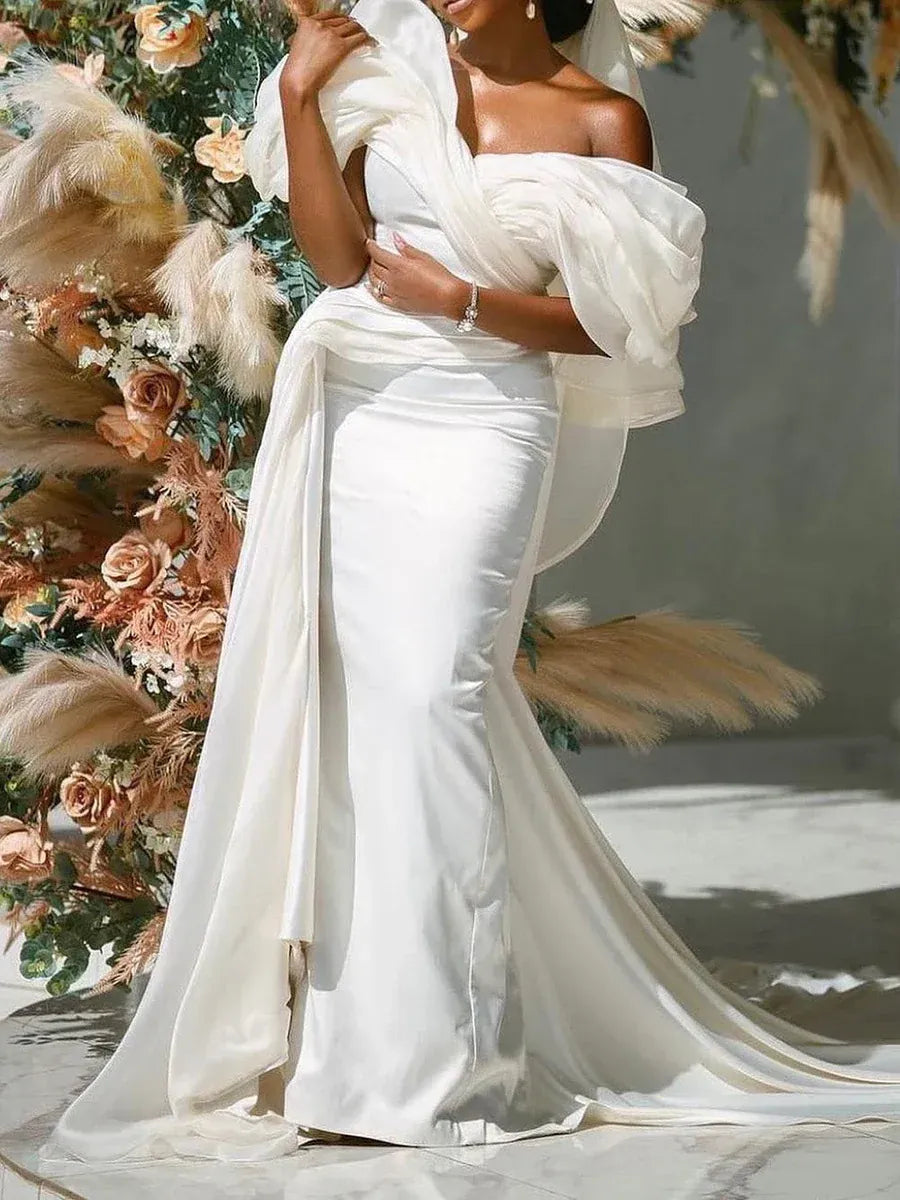 Luxury Mermaid Off‑Shoulder Draped‑Organza‑Sleeve Ruched‑Bodice Floor‑Length Wedding Dresses For Glam Garden Wedding