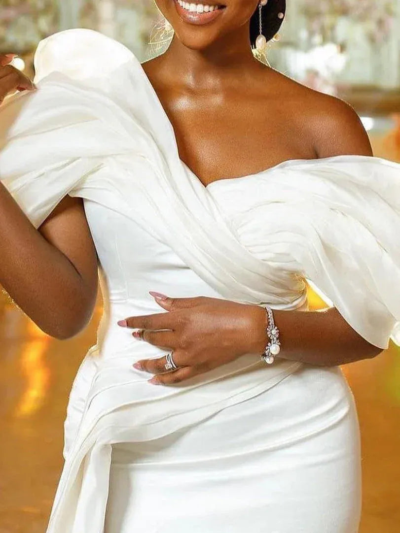 Luxury Mermaid Off‑Shoulder Draped‑Organza‑Sleeve Ruched‑Bodice Floor‑Length Wedding Dresses For Glam Garden Wedding
