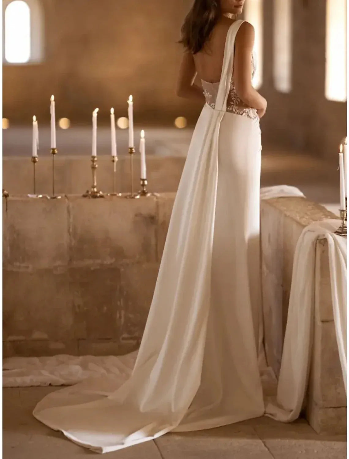 Luxury Mermaid One Shoulder 3D Floral Mesh High Slit Satin Train Wedding Dress