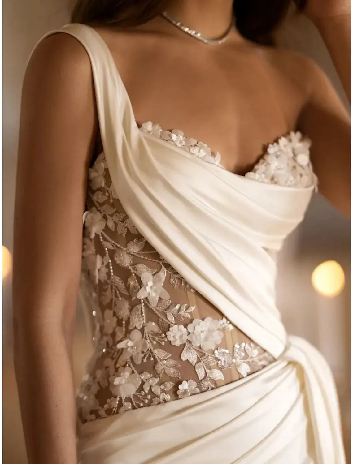 Luxury Mermaid One Shoulder 3D Floral Mesh High Slit Satin Train Wedding Dress