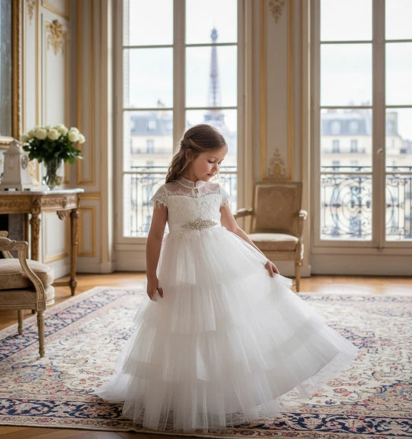 Mandarin Collar Cap Sleeve White Lace Tier Tulle Maxi First Communion Dresses